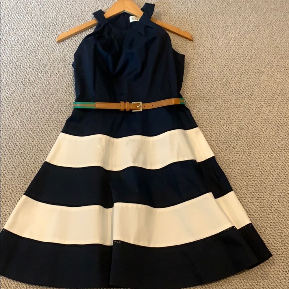 Eliza J. Navy & White Fit & Flare Dress w Belt 2